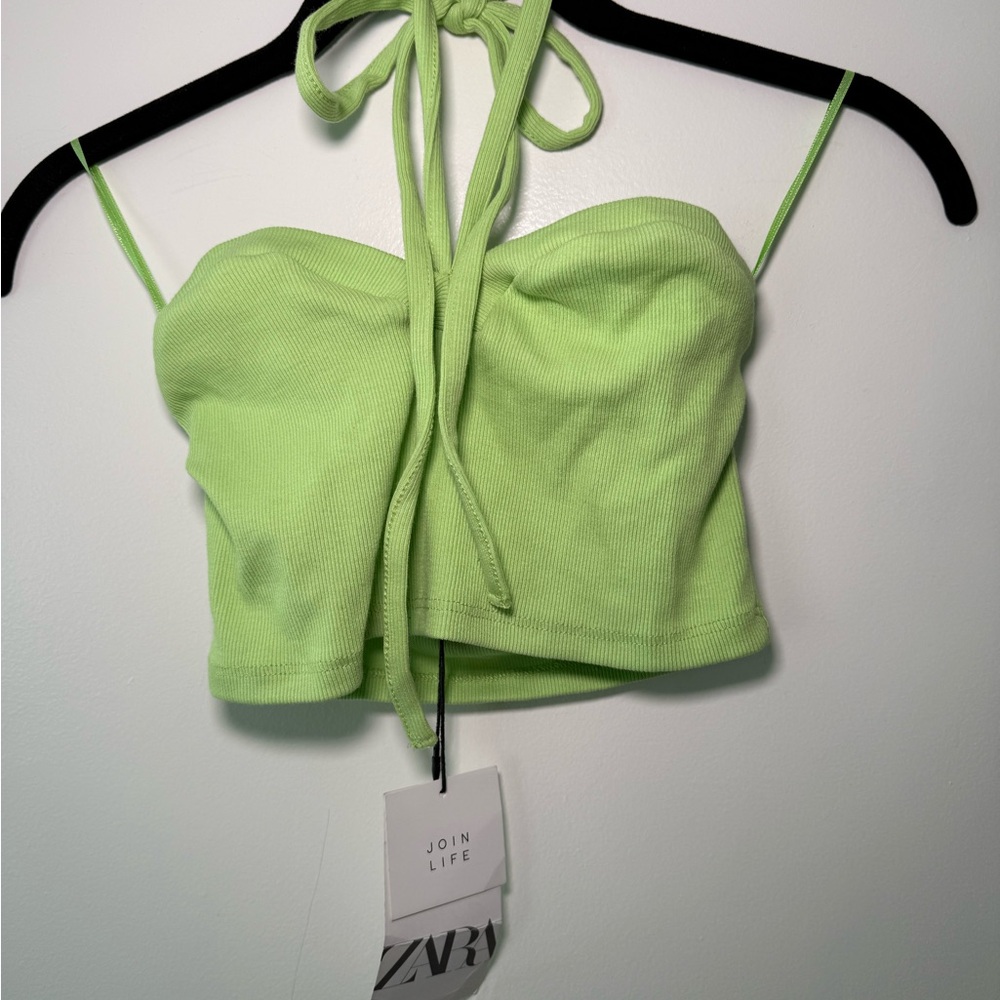 Zara Green Sleeveless Tie Front Crop Tank Top